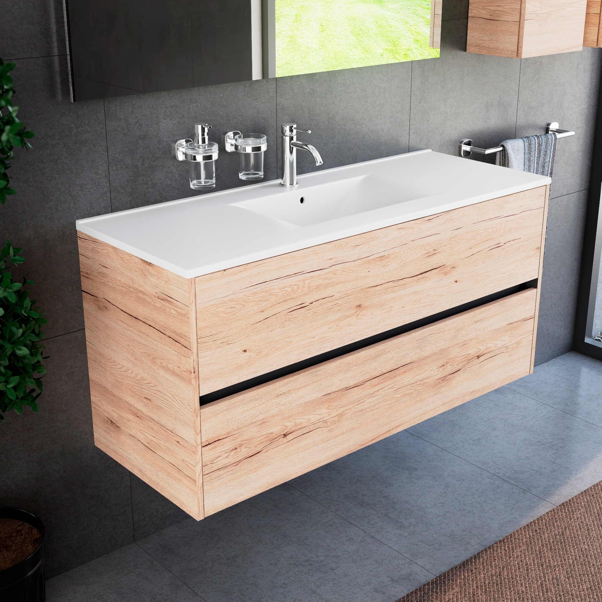 Inda - Badezimmerschrank 120 Cm Breiter Diamante Sanremo Eichen-mit 2 Schubladen Und Keramikwaschbecken
