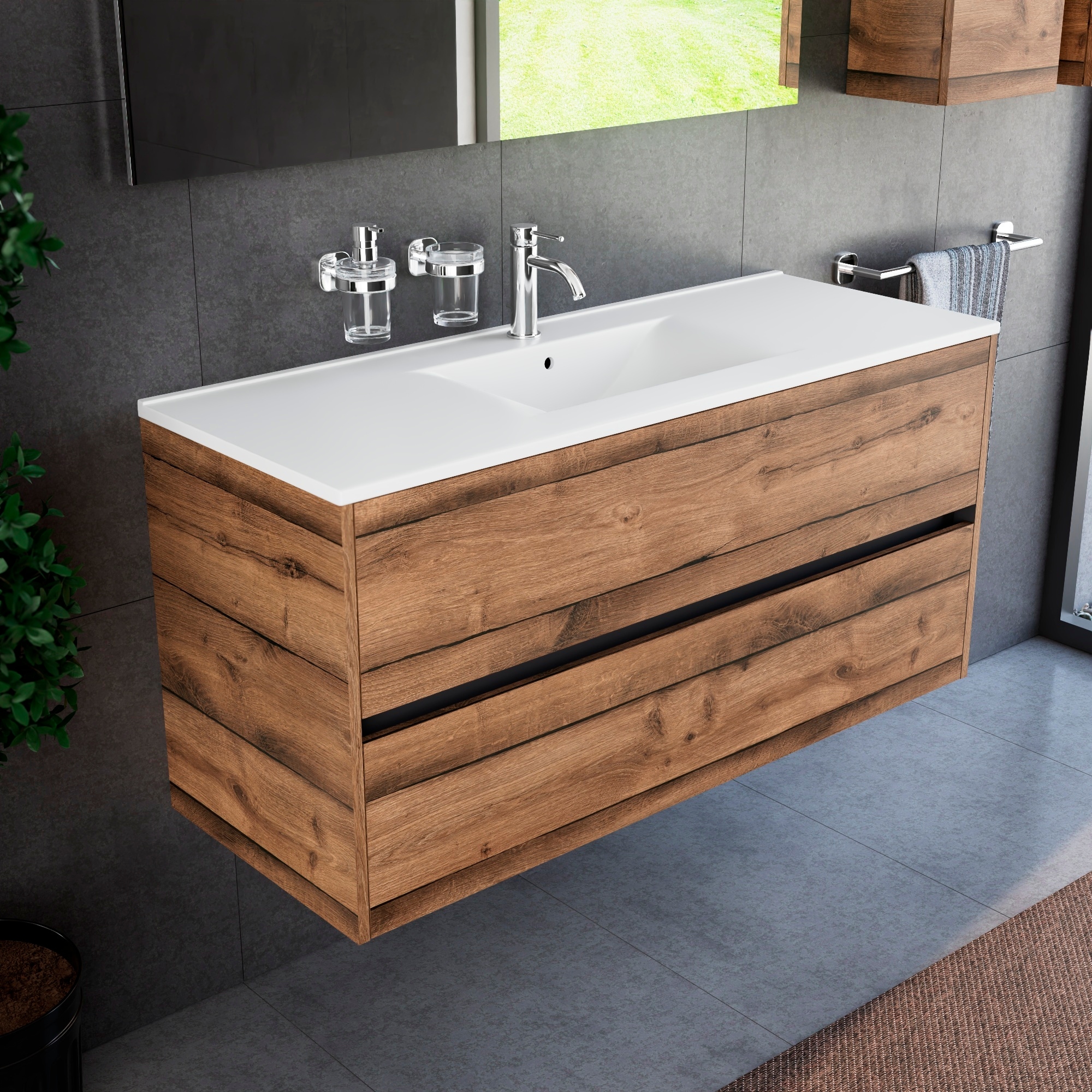 Inda - Badezimmerschrank 120 Cm Breiter Diamante-aus Antiker Eiche Mit 2 Schubladen Und Keramikwaschbecken