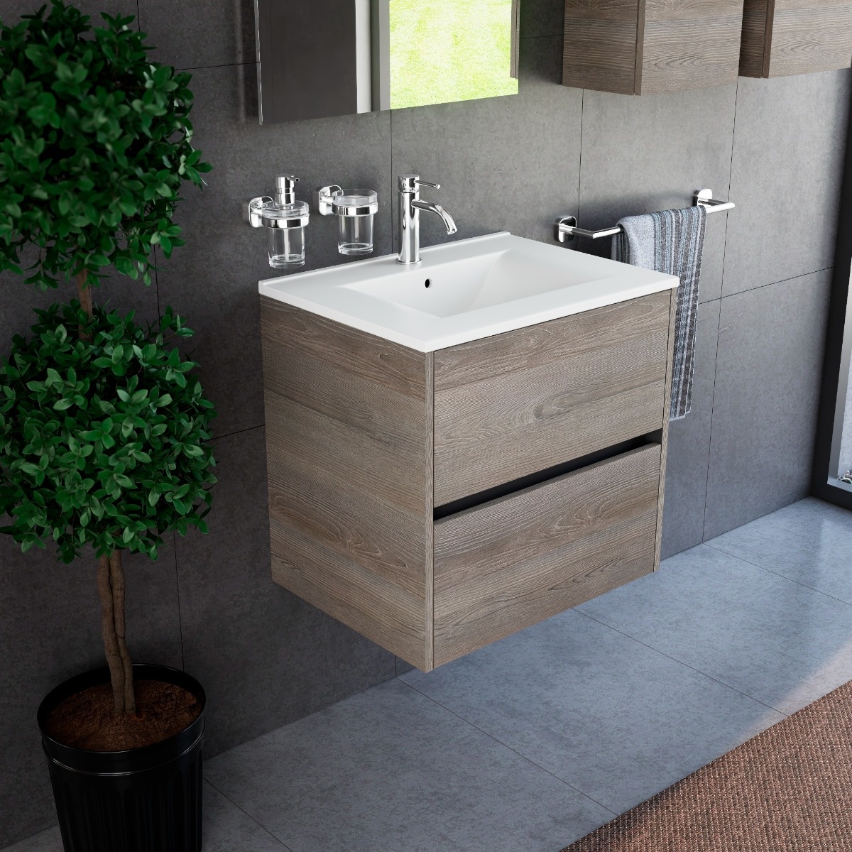 Inda - Badezimmerschrank 60 Cm Breiter, Geräucherter Diamante Olmo Mit 2 Schubladen Und Keramikwaschbecken