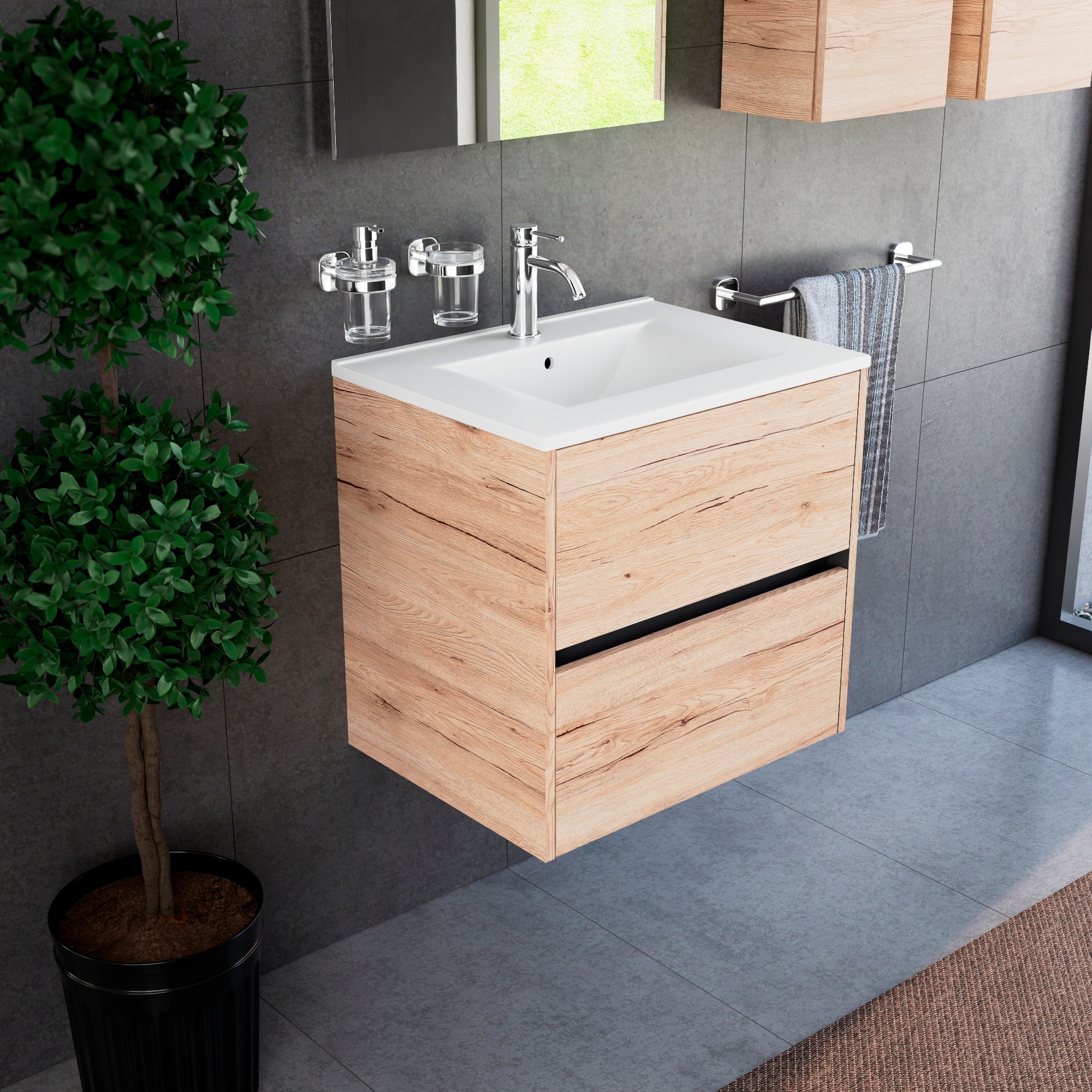 Inda - Badezimmerschrank 60 Cm Breiter Diamante Sanremo Eichen-mit 2 Schubladen Und Keramikwaschbecken