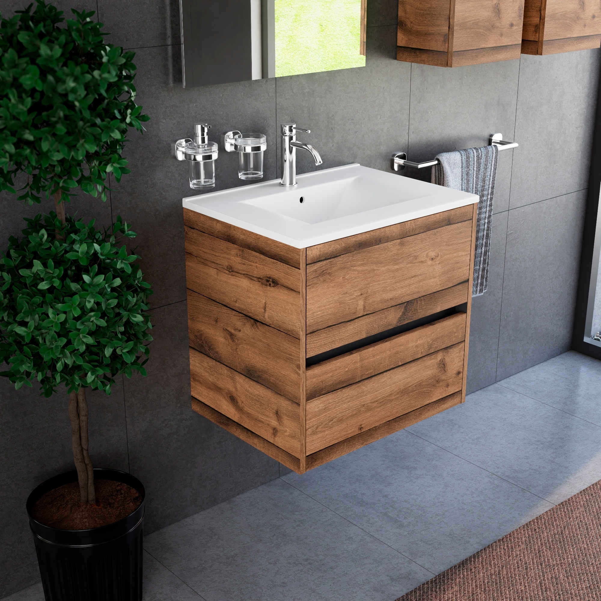 Inda - Badezimmerschrank 60 Cm Breiter Diamante-aus Antiker Eiche Mit 2 Schubladen Und Keramikwaschbecken