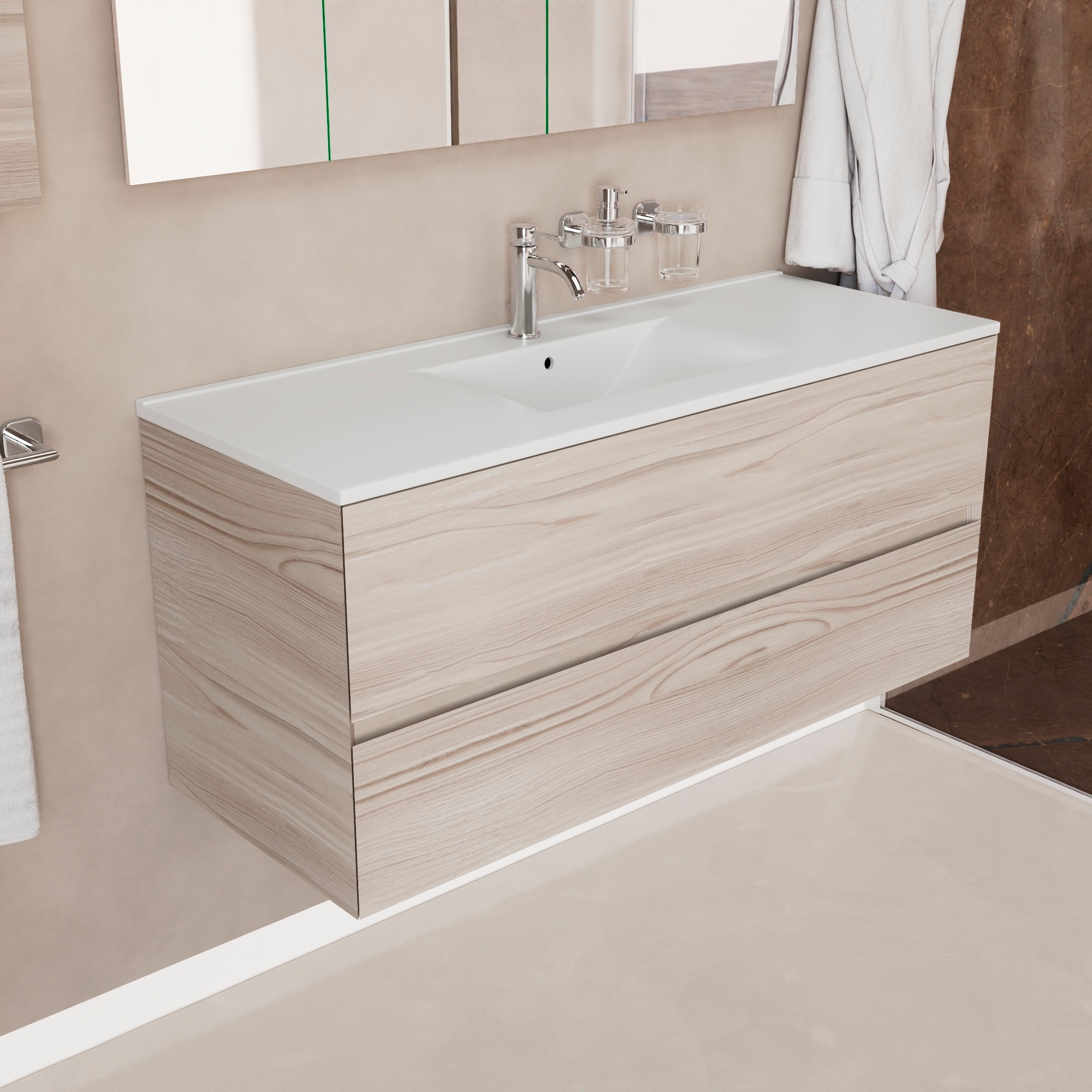 Inda - Badezimmerschrank 120 Cm Breiter Aus Onyx-lärche In Sand Mit 2 Schubladen Und Keramikwaschbecken