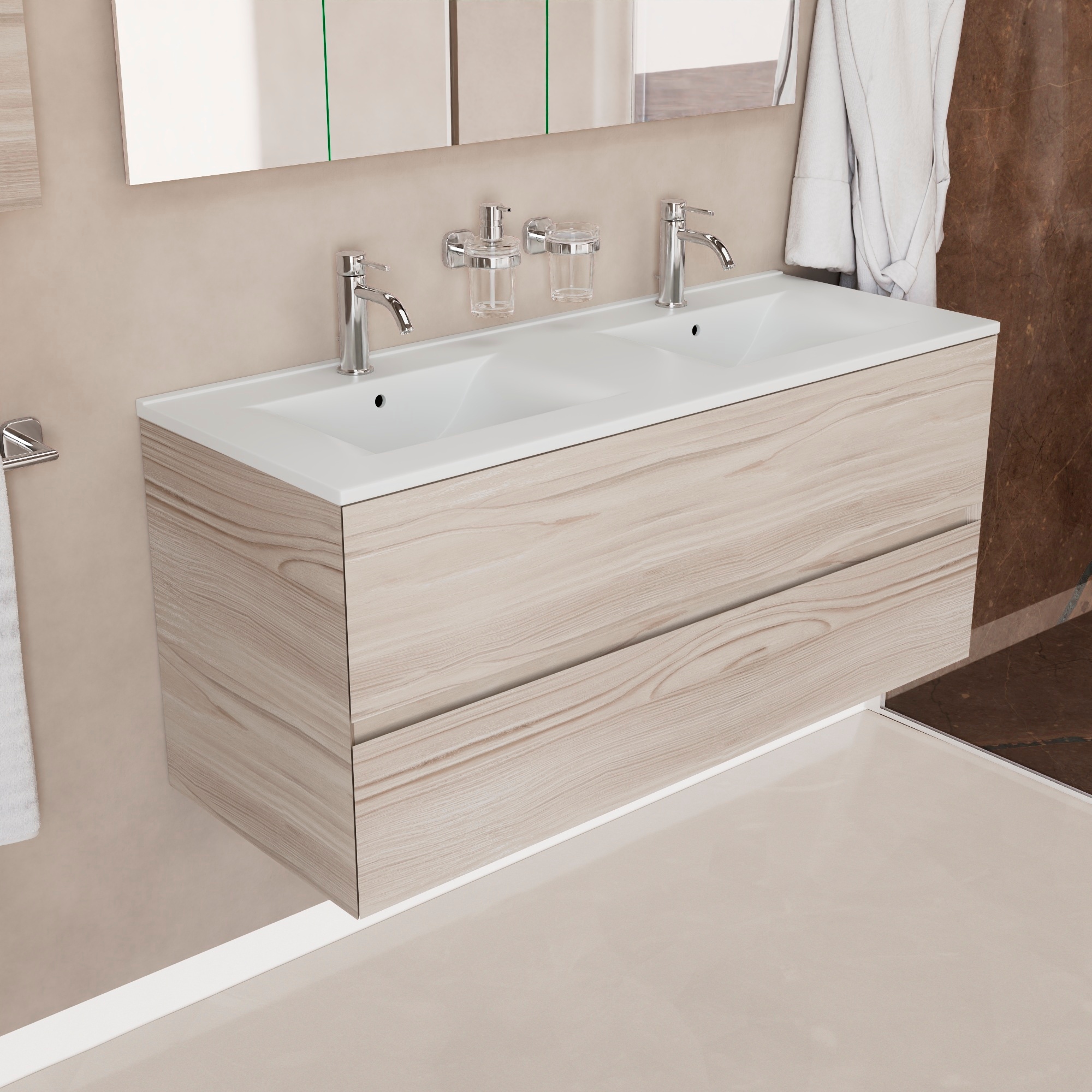 Inda - Badezimmerschrank 120 Cm Breiter Aus Onyx-lärche In Sand Mit 2 Schubladen Und Doppelwaschbecken Aus Keramik