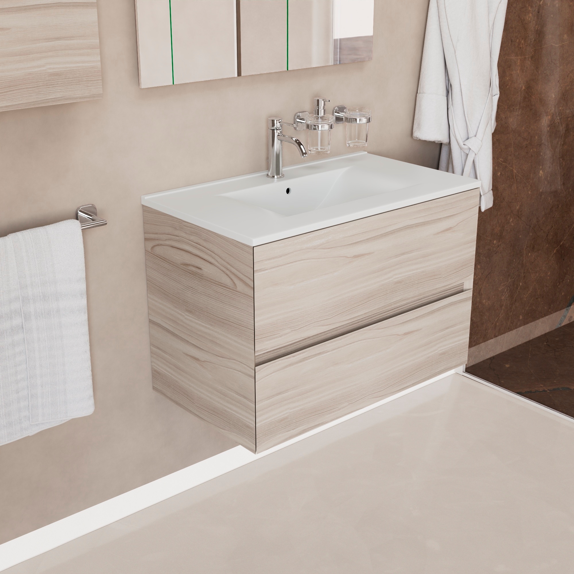 Inda - Badezimmerschrank 80 Cm Breiter Aus Onyx-lärche In Sand Mit 2 Schubladen Und Keramikwaschbecken