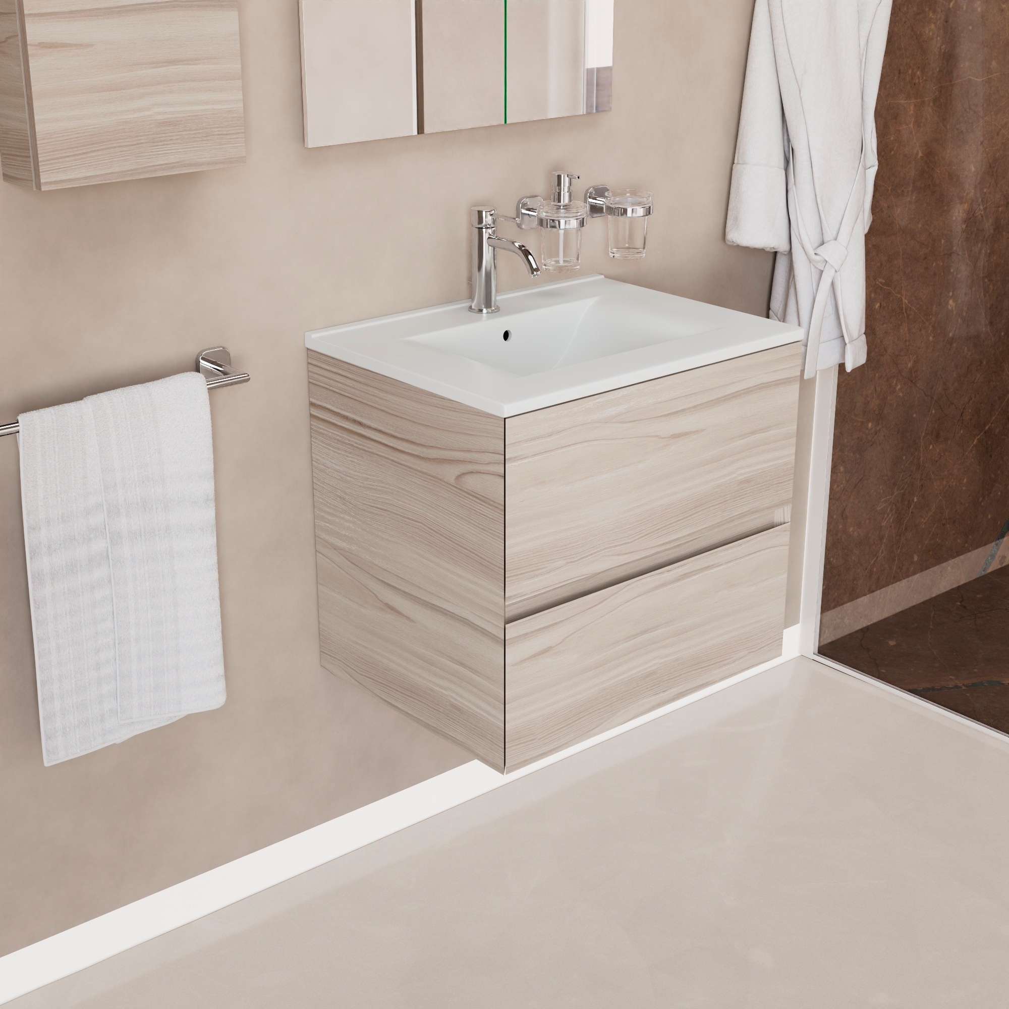 Inda - Badezimmerschrank 60 Cm Breiter Aus Onyx-lärche In Sand Mit 2 Schubladen Und Keramikwaschbecken