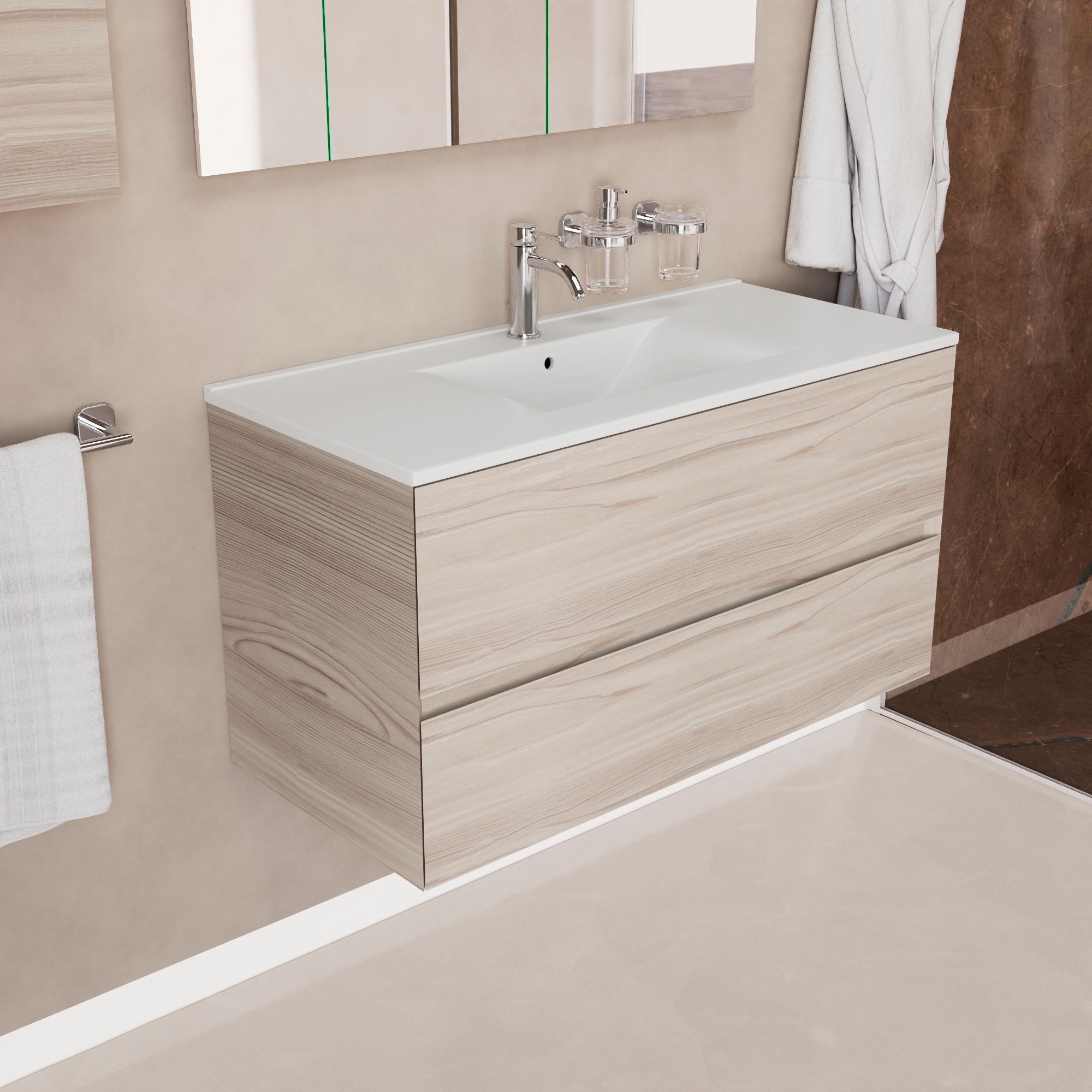 Inda - Badezimmerschrank 100 Cm Breiter Aus Onyx-lärche In Sand Mit 2 Schubladen Und Keramikwaschbecken