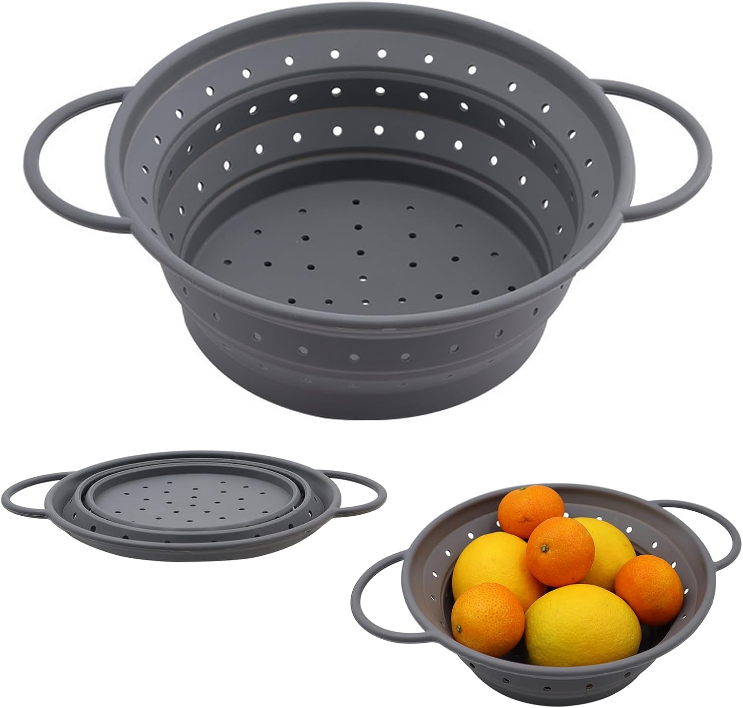 Jiajia Ai-faltbares Nudelsieb 21cm, Silikon, Mit Griffen, Für Nudeln Gemüse Obst, Grau
