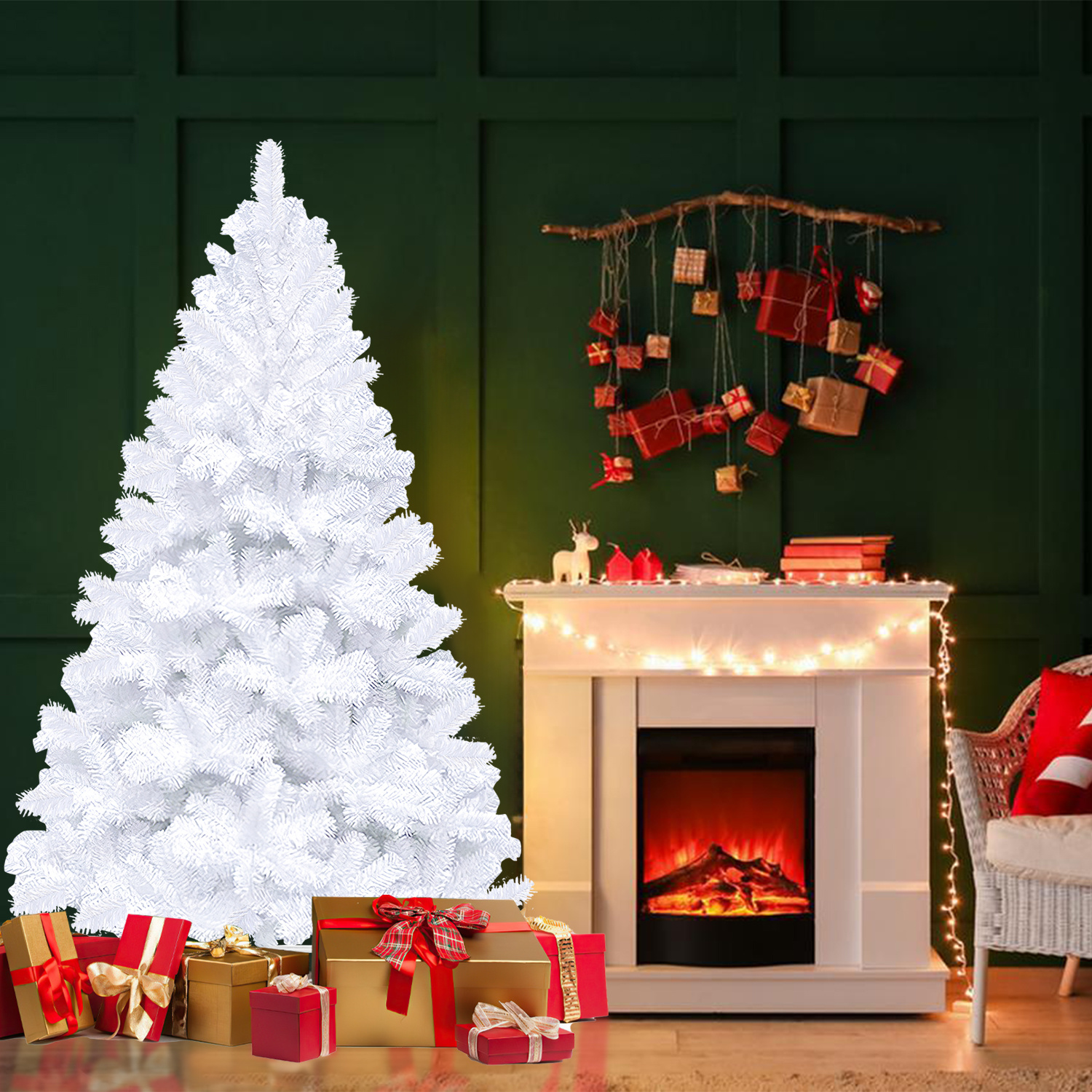 Jiubiaz Künstlicher Weihnachtsbaum Tannenbaum, Pvc Nadeln Metallständer & Klappsystem Christbaum Weiß 180cm