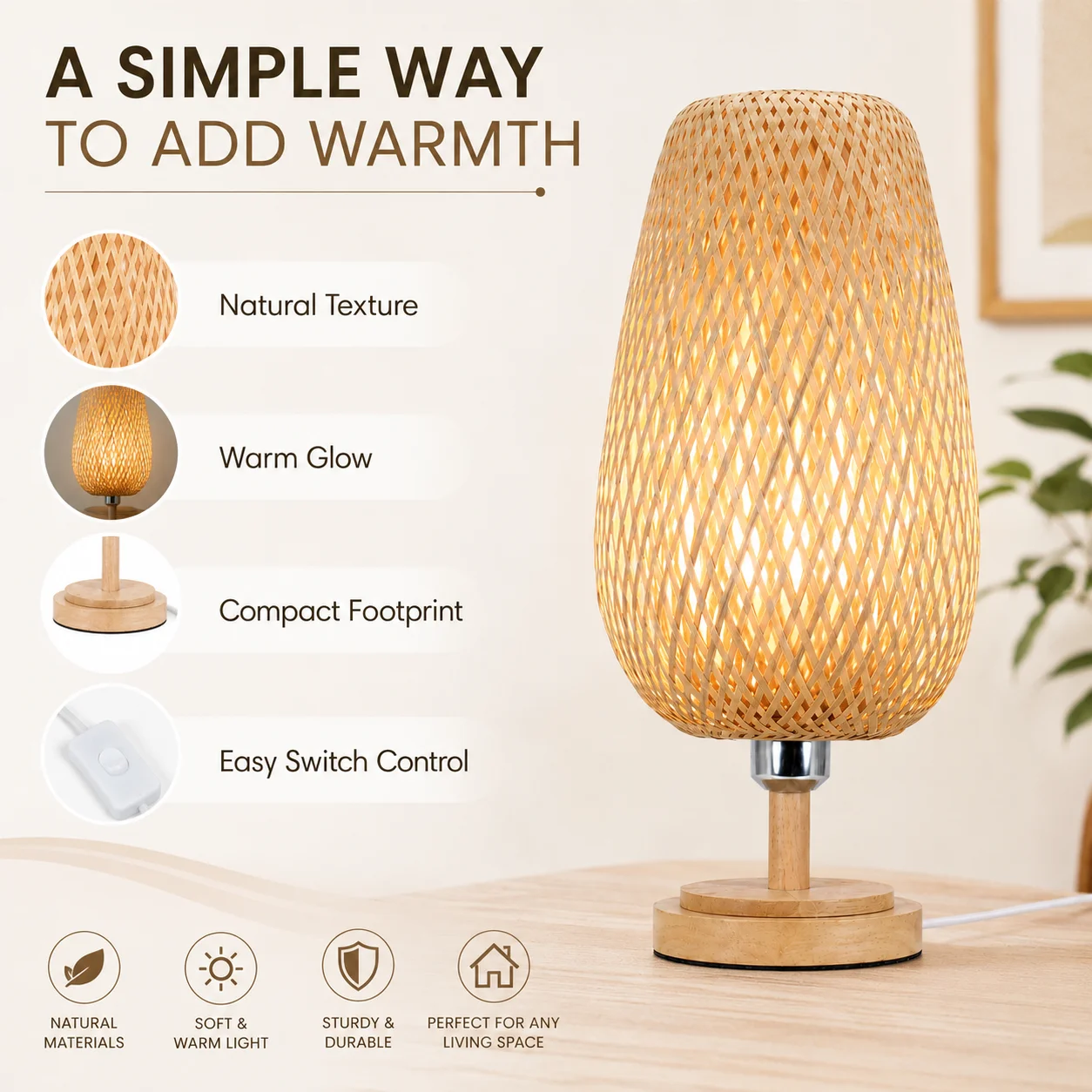 Joyinled E27 Rattan-tischlampe, Handgeflochtene Bambus-nachttischlampe Mit Sockel Aus Naturholz, Eu-stecker – Leuchte Im Boho Für Schlafzimmer, Wohnzimmer, Nachttisch Oder Schreibtisch