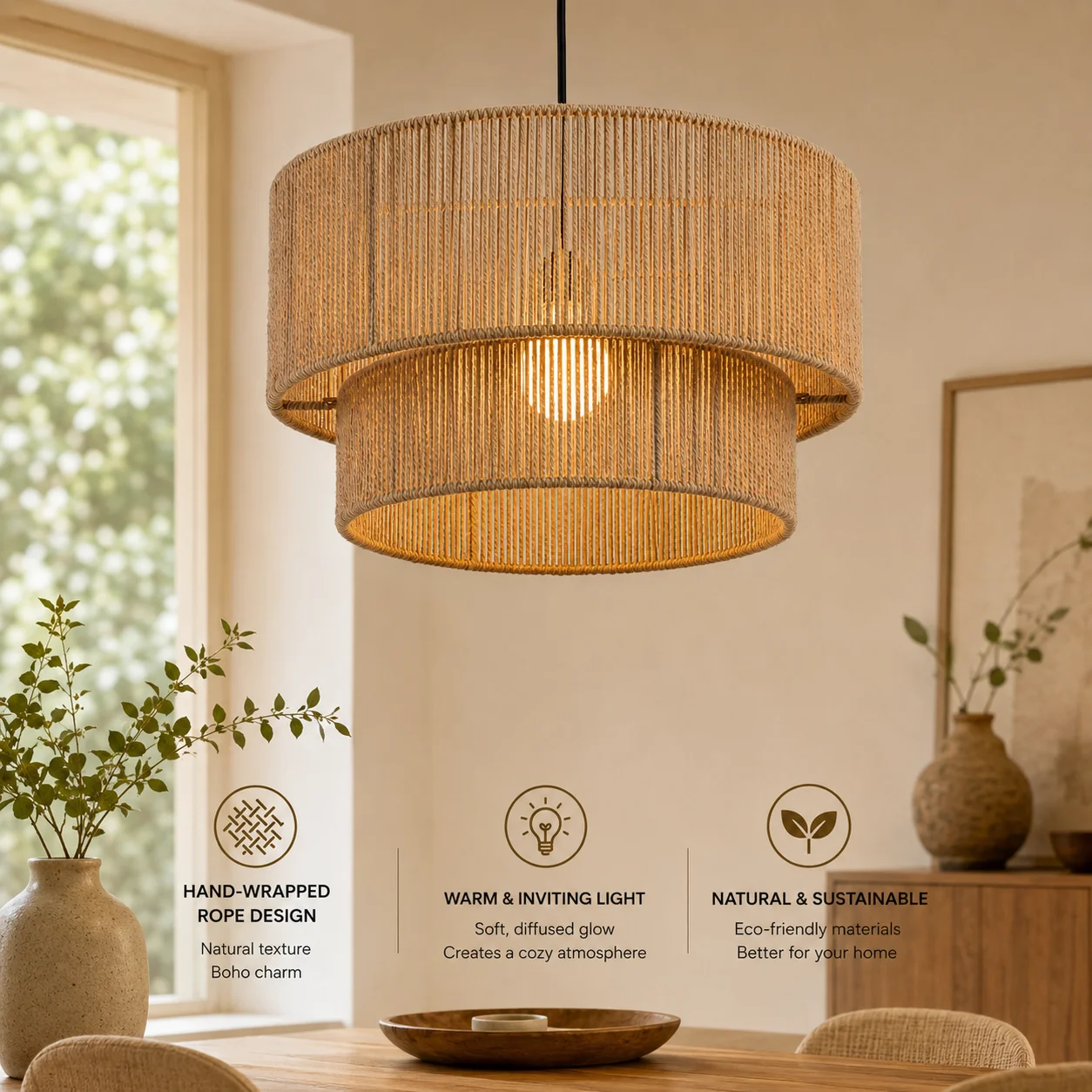 Joyinled Retro-kronleuchter Aus Hanf- Und Juteseil (e27) – 45 Cm Große Boho-pendelleuchte Mit Zweilagigem Trommelschirm Und Schwarzer Aufhängung Für Esszimmer, Schlafzimmer Und Küche