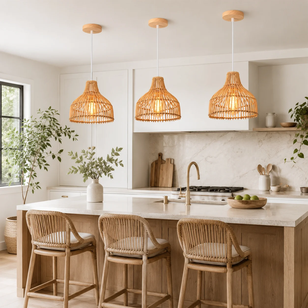 Joyinled Rattan-pendelleuchte Für Die Küche – Geflochtene Leuchte Im Boho-stil (24 Cm Breit) – E26/e27-fassung (leuchtmittel Nicht Im Lieferumfang Enthalten) – Holzsockel Und Weißes Kabel.