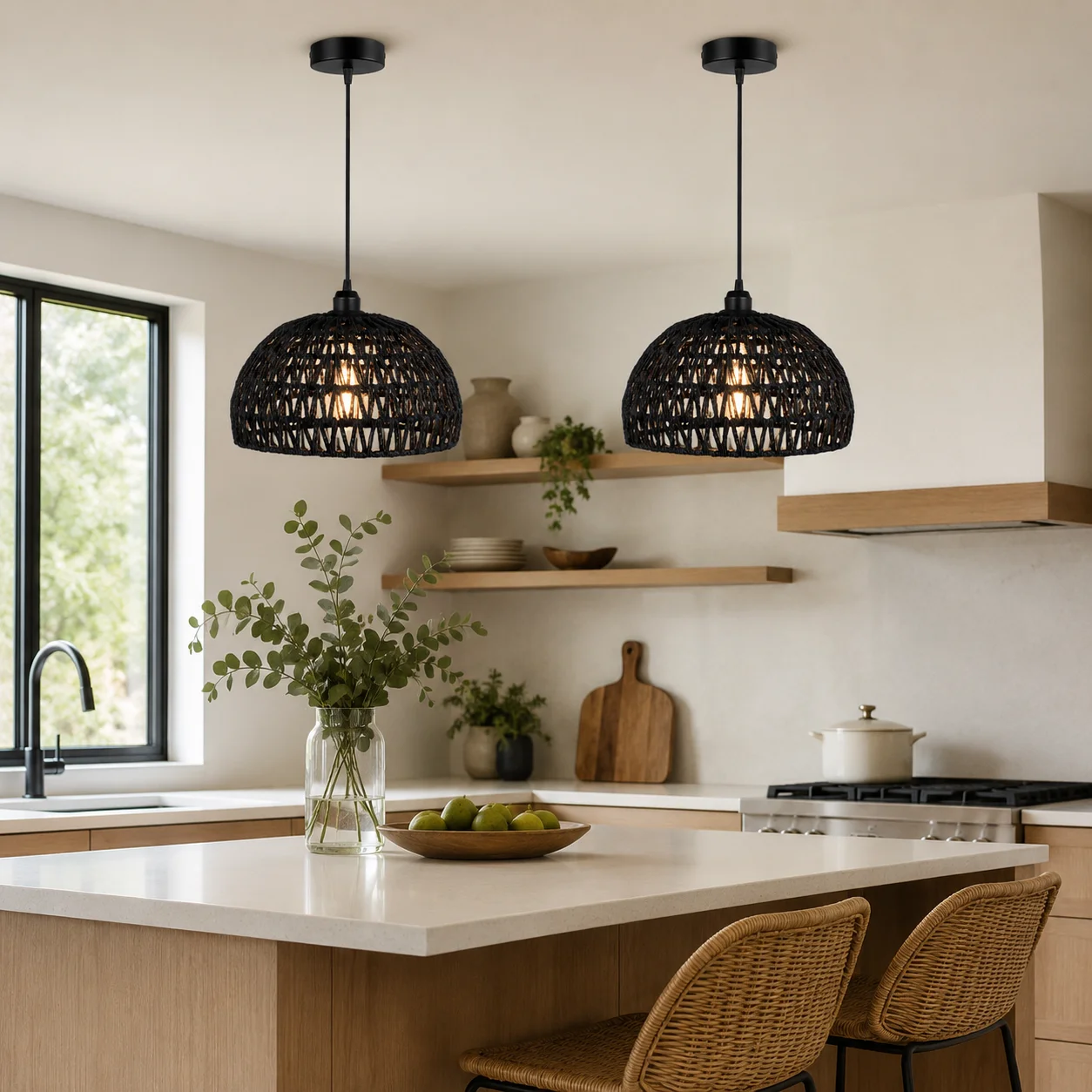 Joyinled Schwarze, Handgeflochtene Kuppel-pendelleuchte Aus Papierkordel – 30 Cm Große Hängelampe Im Boho-stil Für Kücheninsel, Esszimmer, Café Oder Schlafzimmer
