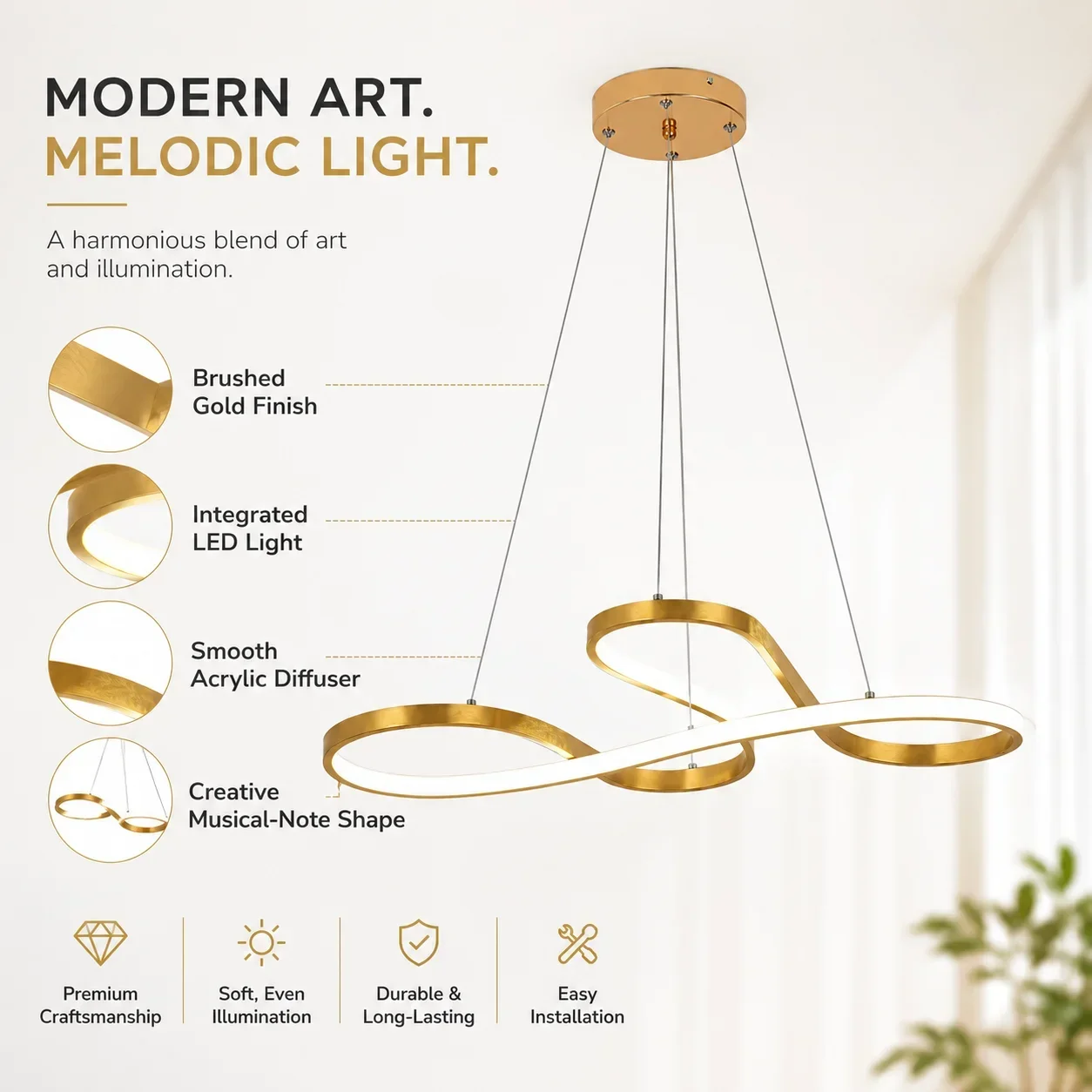 Joyinled Moderne Goldene Led-pendelleuchte, Kronleuchter In Notenform Mit 3-farben-beleuchtung, Höhenverstellbare Hängeleuchte Für Kücheninsel, Esszimmer Und Wohnzimmer, 75 Cm