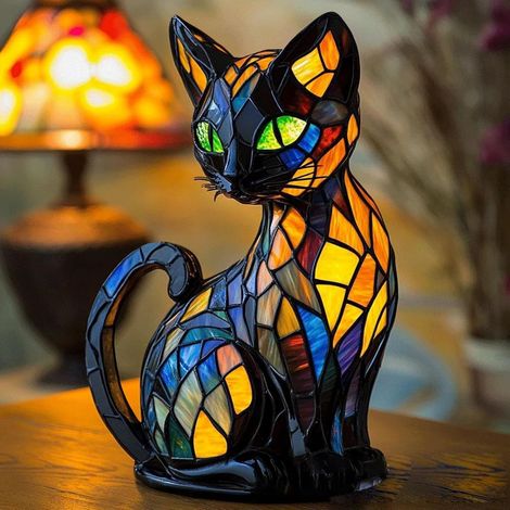 Nachttischlampe Mit Katzenmotiv Aus Buntglas – Farbiges Led-nachtlicht – Umweltfreundliches Harz – Sanftes Licht Fürs Schlafzimmer – Handgefertigtes Design