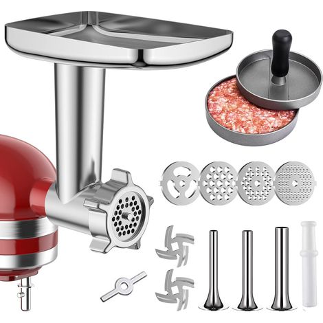 Fleischwolf Aus Metall Für Kitchenaid – 4 Edelstahl-lochscheiben – 3 Füllrohre – 1,8 Kg/min Kapazität – Schnelle Montage