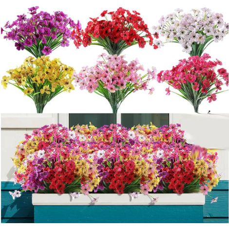 Künstlicher Blumenstrauß Aus 12 Kunststoffblumen – Uv- Und Wasserbeständig – Für Hängeampeln Und Außendekoration – Leuchtende Farben