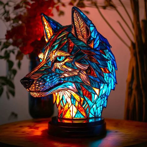Dekorative Nachttischlampe Aus Kunstharz – Wolfsmotiv – Warmes Licht Für Schlafzimmer, Wohnzimmer Und Büro – Tragbar Und Leicht