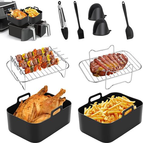 9-teiliges Zubehörset Für Die Heißluftfritteusen Ninja Af400uk Und Af451uk: Silikon-einsatz Für Die Heißluftfritteuse, Ständer Für Die Heißluftfritteuse, Silikonhandschuhe, Ofenzange