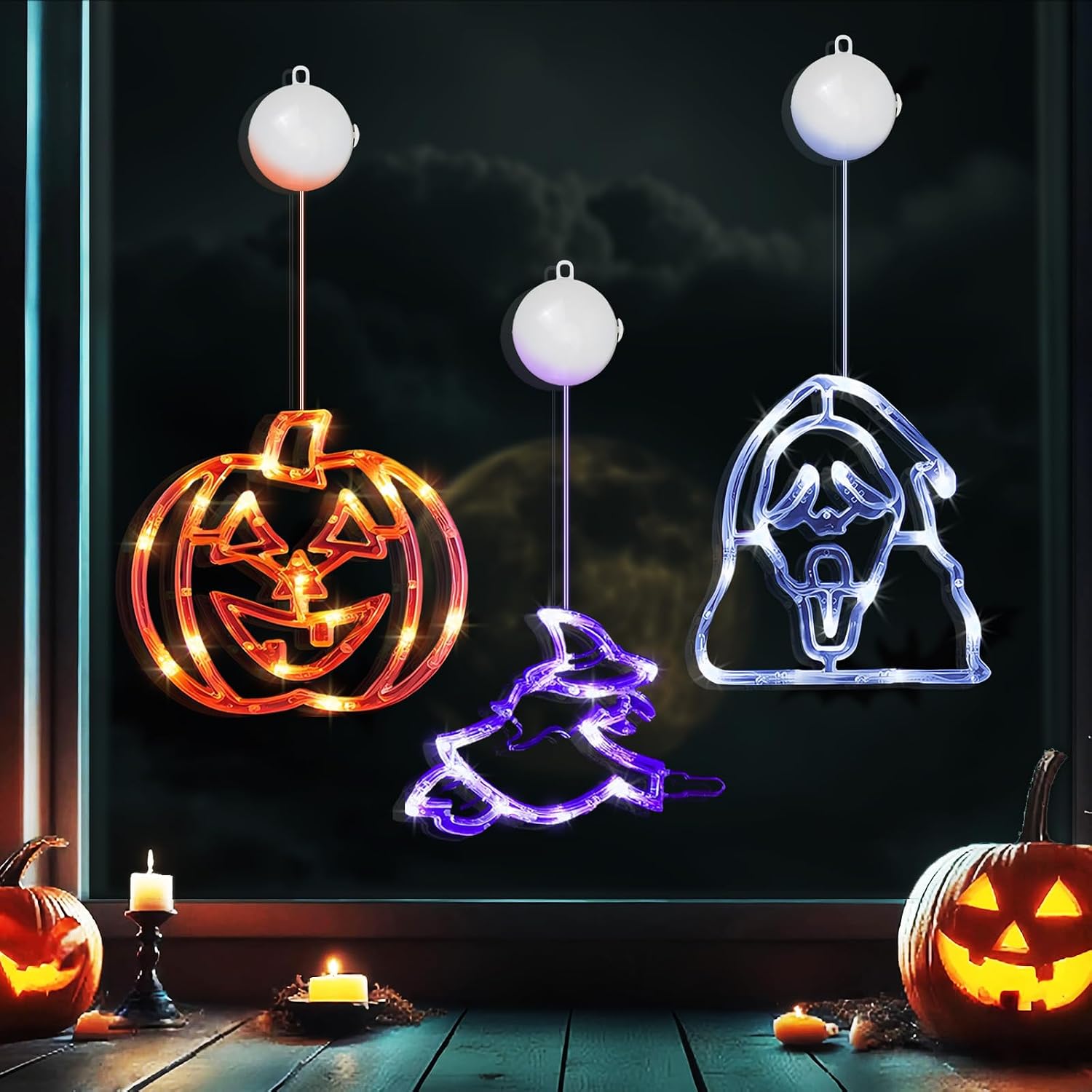Halloween-fensterdekoration, 3-teilige Led-lichterkette Mit Saugnäpfen, Kürbis, Hexe, Geist, Für Die Fensterdekoration
