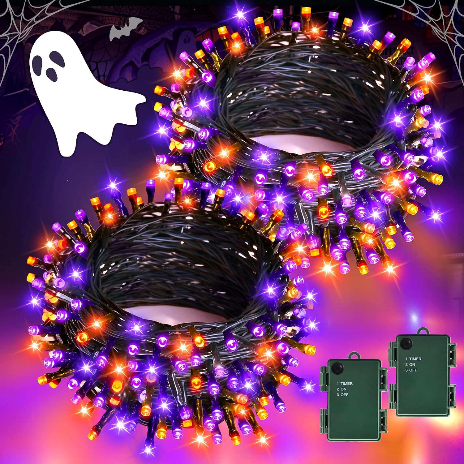 Lichterkette, 2-teilig, 5 M Lang, 50 Leds, Halloween-lichterkette Für Drinnen Und Draußen, Timerfunktion, Wasserdicht, Batteriebetrieben, Orange-lila