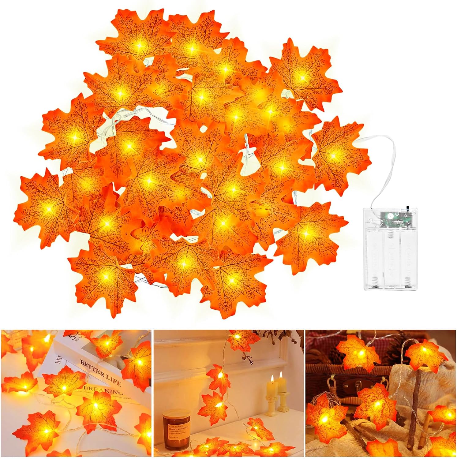 Herbstgirlande, Herbstdekoration Für Halloween, 6 M Lange, Batteriebetriebene Lichterkette Mit 40 Leds In Ahornblattform Für Halloween, Partys, Kürbisse Und Weihnachtsdekoration