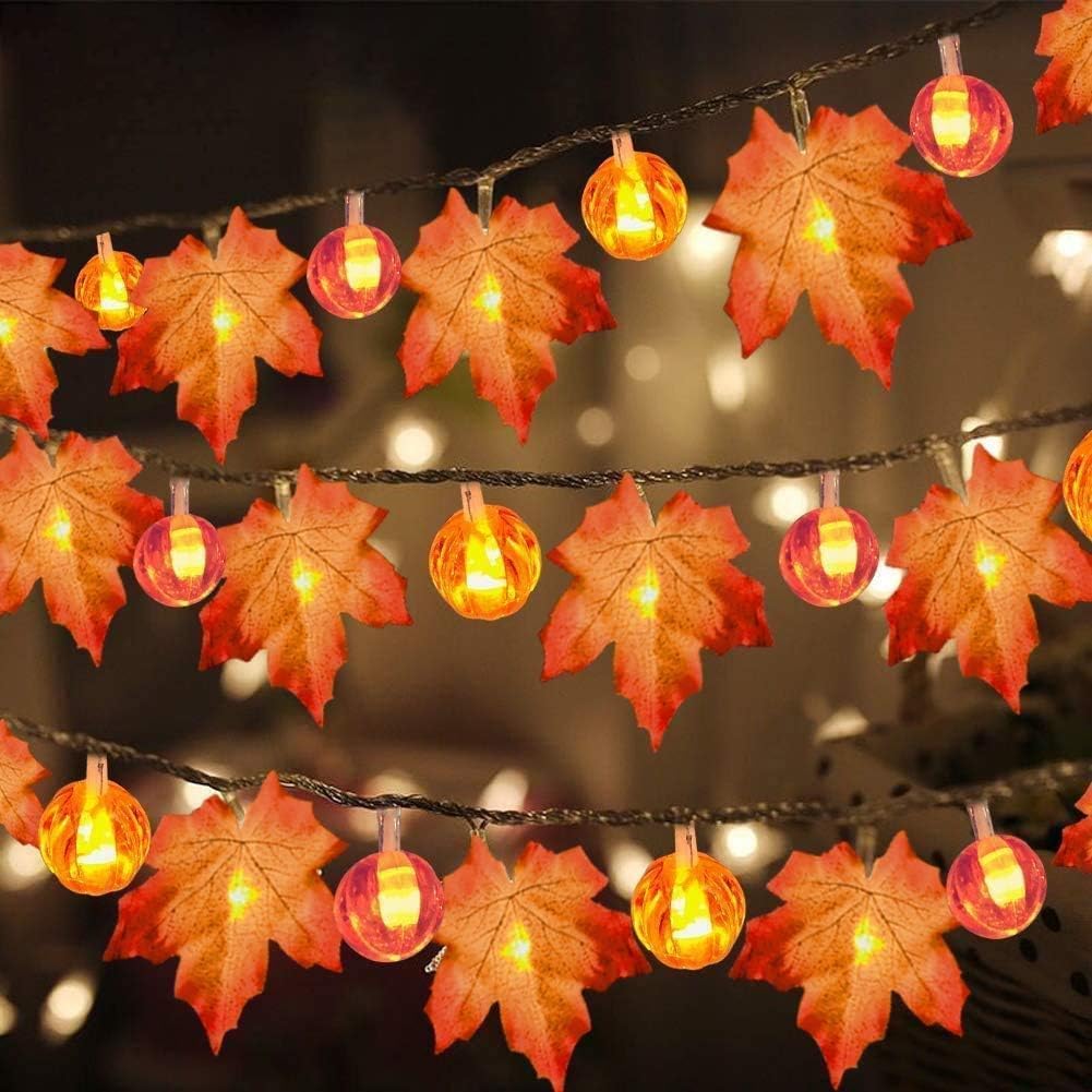 Batteriebetriebene Lichterkette Mit 4 Metern Länge Und 40 Leds In Kürbis- Und Blätterform, Ideal Für Herbstdekorationen, Halloween, Weihnachten Und Thanksgiving.