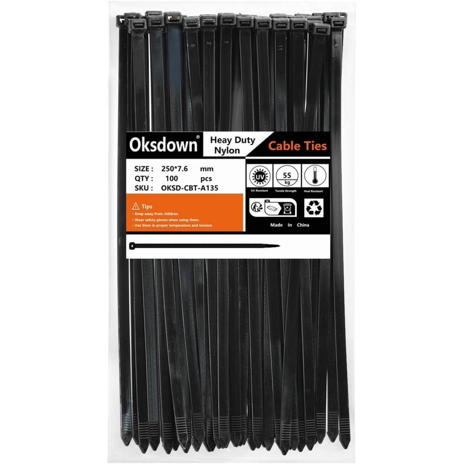 Kabelbinder 250mm Schwarz Uv-beständig 55kg Zugfestigkeit 100 Stück Nylon Extra Stark