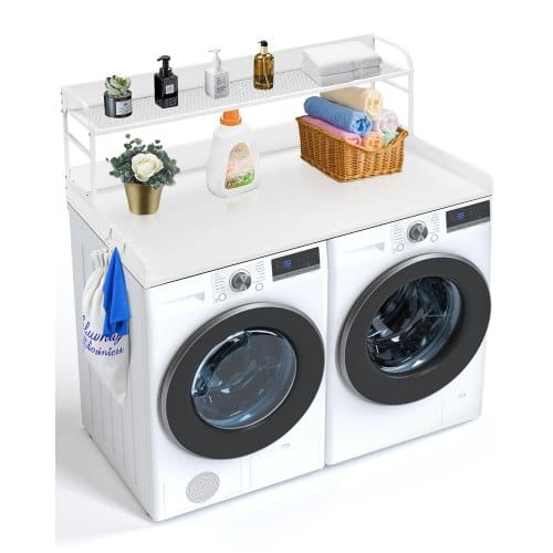 Arbeitsplatte Für Waschmaschine Und Trockner Mit 2-stufigem Regal (1370 X 700 X 419 Mm) Trommelregal Mit Anti-rutsch-pads, Wasserabweisende Wäscheauflage Für Aufbewahrung Weiß