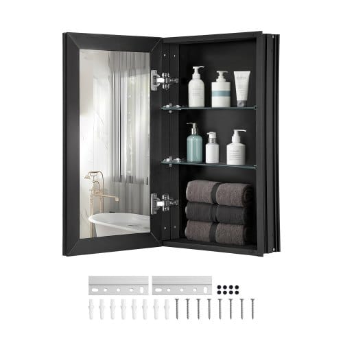 Spiegelschrank Verspiegelter Arzneischrank Medizinschrank (355 X 135 X 610 Mm) Für Badezimmer Mit Doppelspiegel & Verstellbaren Glasböden, Einbau- Und Wandmontage, Aluminiumrahmen, Badschrank