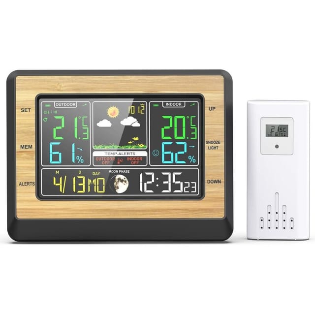 Kabellose Lcd-wetterstation Für Drinnen Und Draußen Mit Temperatur-/feuchtigkeitsalarm, Schlummerfunktion Und Sensor, Geeignet Für Büro Und Kinderzimmer, Gelb