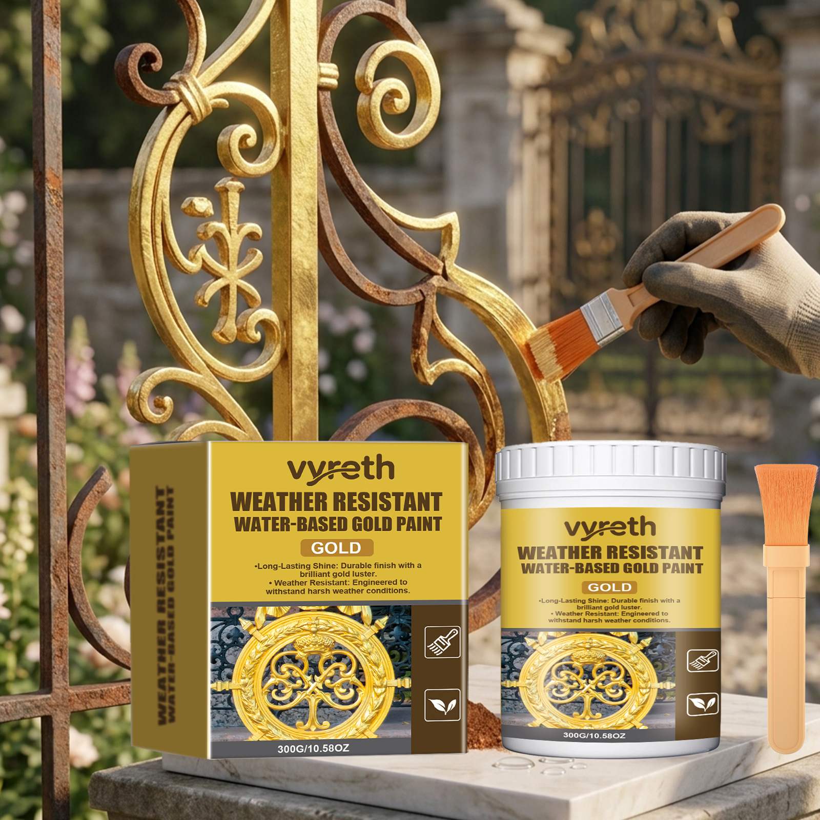 Wetterbeständige, Wasserbasierte Goldfarbe, Geeignet Für Die Oberflächengestaltung Im Innen- Und Außenbereich, Vielseitig Einsetzbar, Wasserfest, Abriebfest Und Glänzend – 300 G × 1, Pinsel × 1 -- Bie