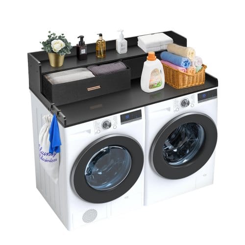 Arbeitsplatte Für Waschmaschine & Trockner Mit 2 Schubladen & 2-stufigem Regal, Arbeitsplatte (1370 X 700 X 305 Mm) Holz Für Waschmaschine Und Trockner Mit Rutschfesten Pads, Wasserabweisend