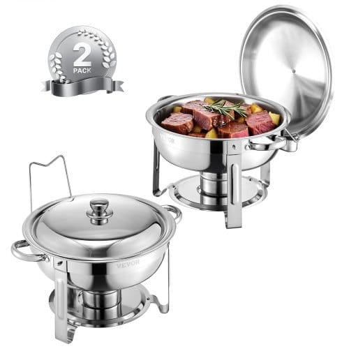 Chafing Dish Buffet Speisenwärmer Mit 2 Behältern In Voller Größe (4,7 L Pro), Runder Catering-wärmespender Mit Deckel & Brennstoffhalter & Wasserpfanne, Für Hochzeiten Partys Silber