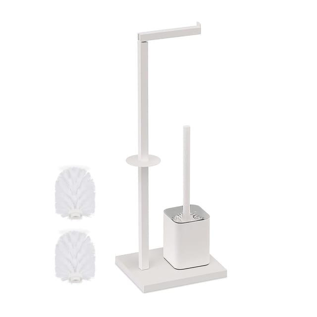 Wc Garnitur, freistehend, Toilettenpapierhalter, 2 Ersatzbürsten, standfester Zementfuß, Knickgelenk, weiß - Relaxdays