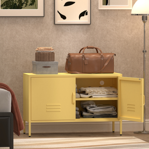 Yellow Steel Storage Cabinet With Adjustable Shelves, Waterproof And Easy To Clean, Keeping Your Living Room, Bedroom Or Entryway Tidy And Organized