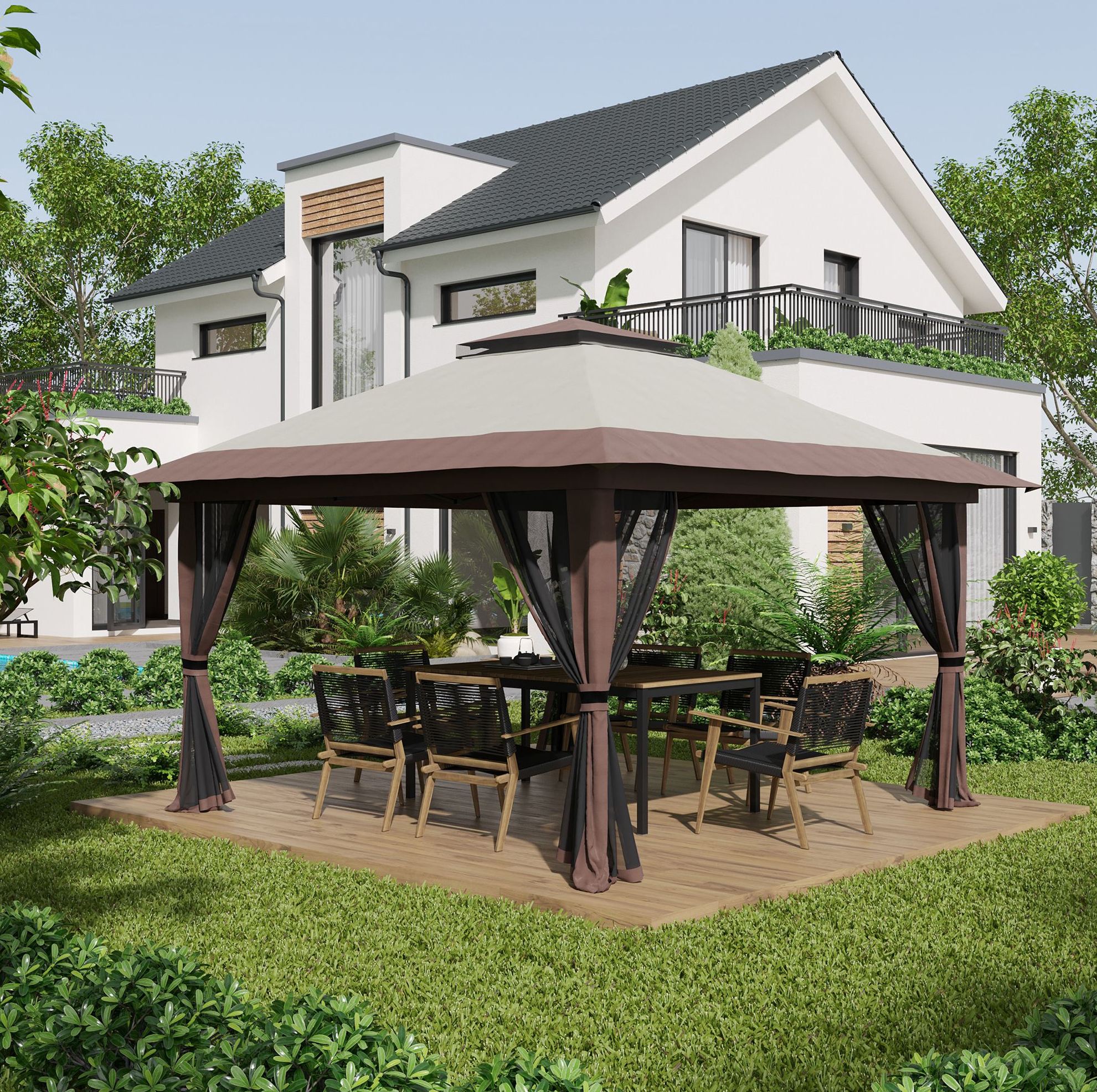 Faltbarer Gartenpavillon 392x392x283 Cm Aus Beigem Polyester, Doppeldach – Meubliv