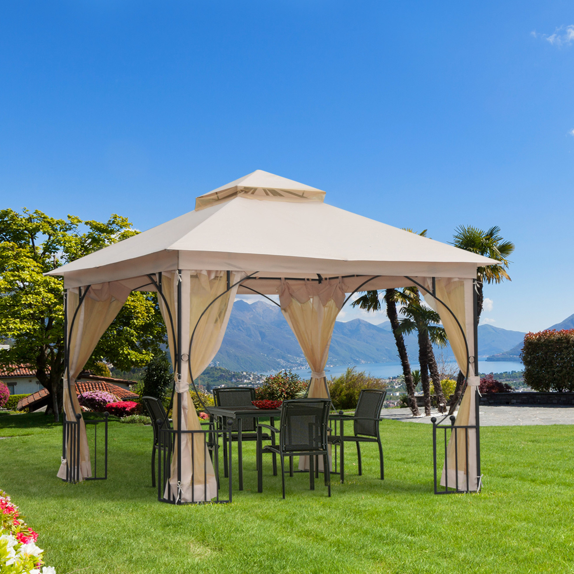 Gartenpavillon 295x295x275 Cm Aus Metall Und Polyester, Beige, Doppeldach – Meubliv