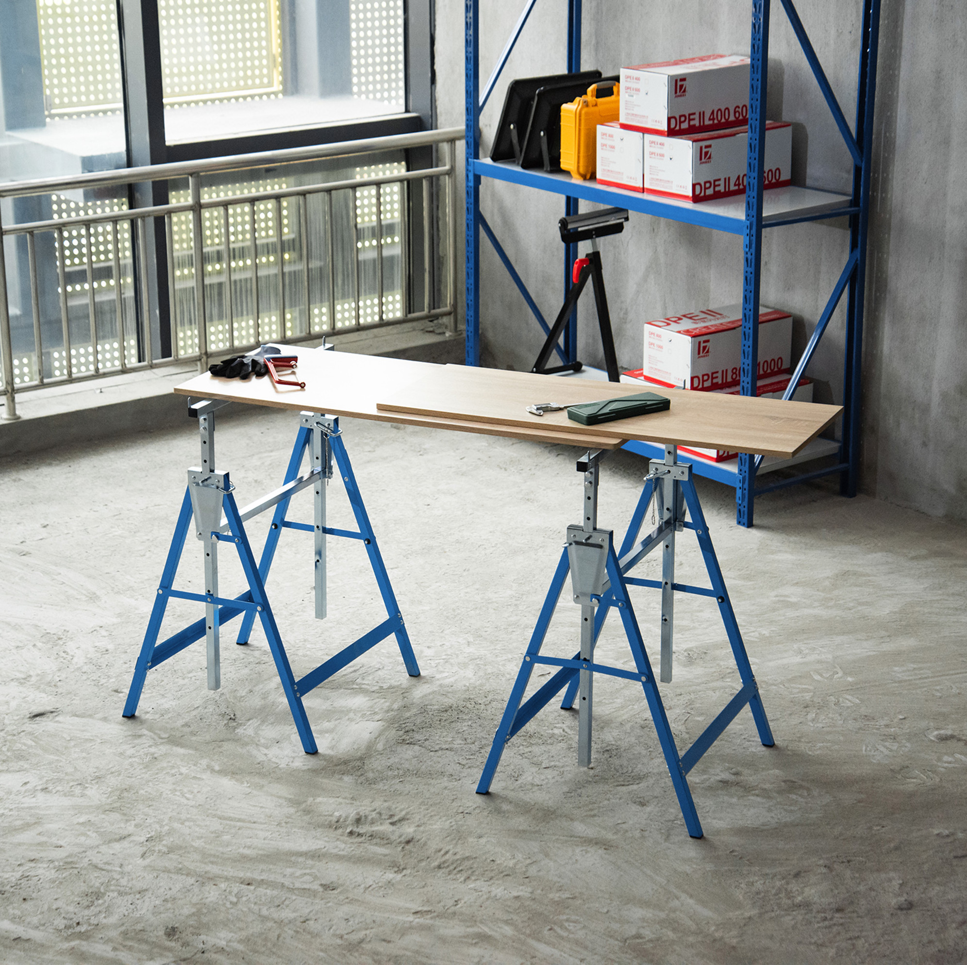 2er-set Klappbare, Verstellbare Böcke 68x58x80-130 Cm Aus Stahl, Blau, 200 Kg – Meubliv