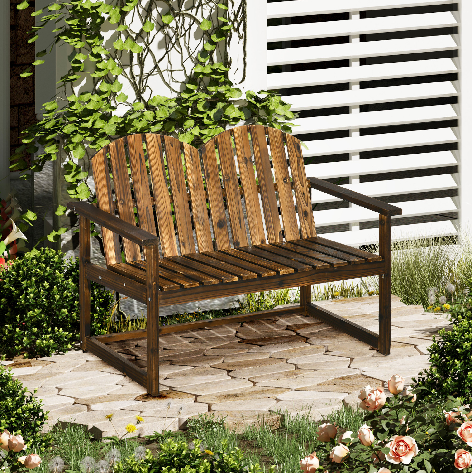2-sitzer Gartenbank 114x63x86 Cm Aus Braunem Holz Mit Rückenlehne Für Garten Und Balkon – Meubliv