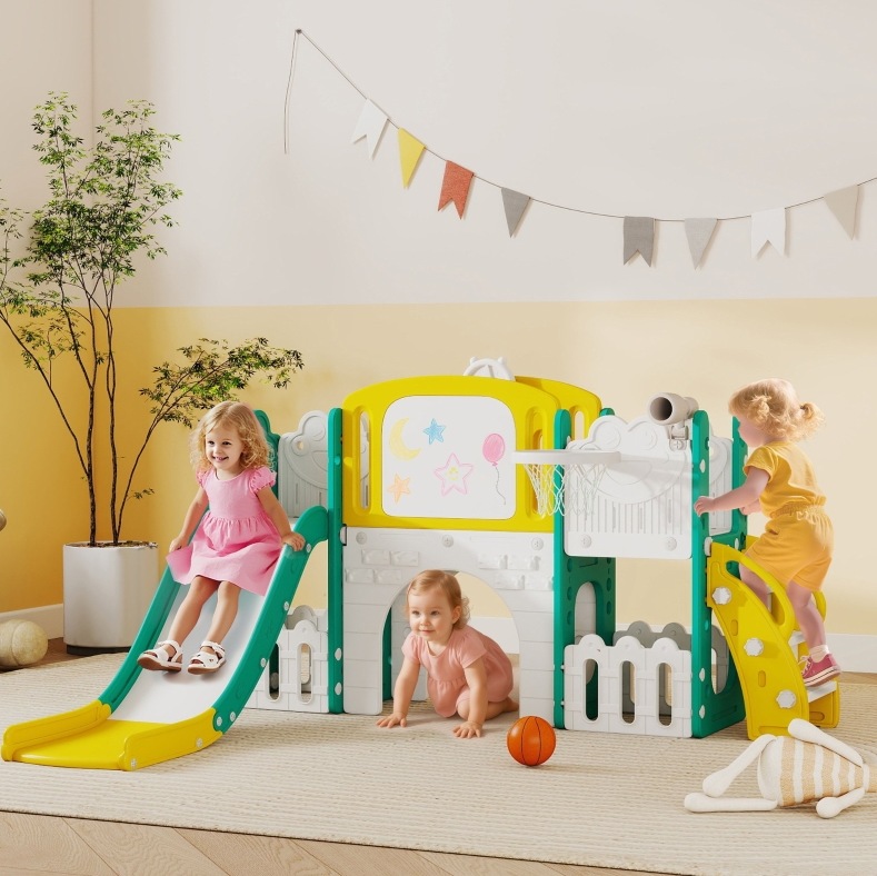 7-in-1-spielplatz 176x150x94 Cm Aus Hdpe, Gelb Und Grün, Für Kleine Räume – Meubliv