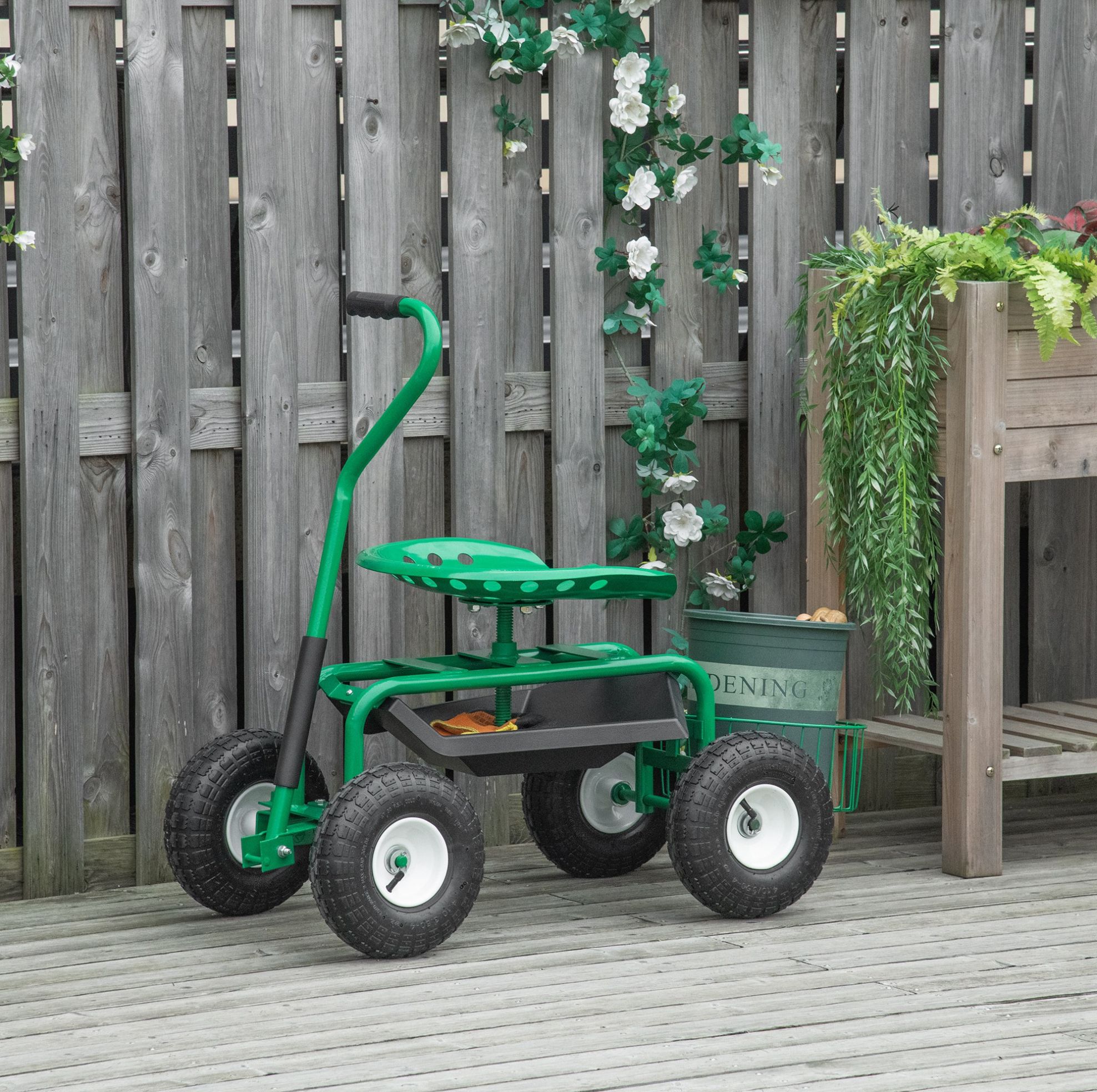 Gartenwagen Mit Drehbarem Sitz 98 X 45 X 87 Cm, Metall, Grün – Meubliv