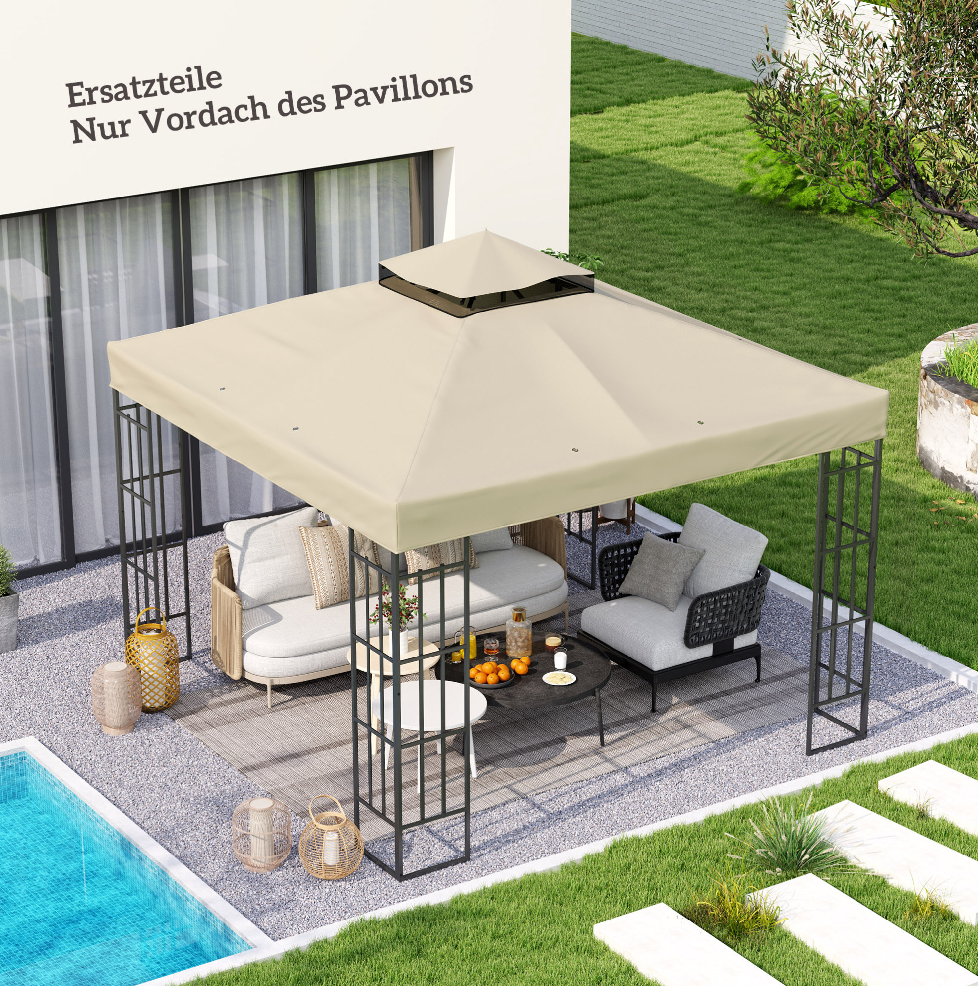 Ersatzdach Für Pavillon 300 X 300 Cm Aus Elfenbeinfarbenem Polyester, Doppeldach – Meubliv