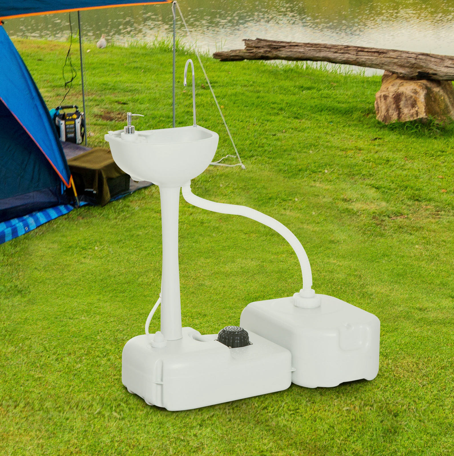 Mobiles Handwaschbecken 83 X 50 X 103 Cm Aus Hellgrauem Hdpe Mit Fußpumpe – Meubliv