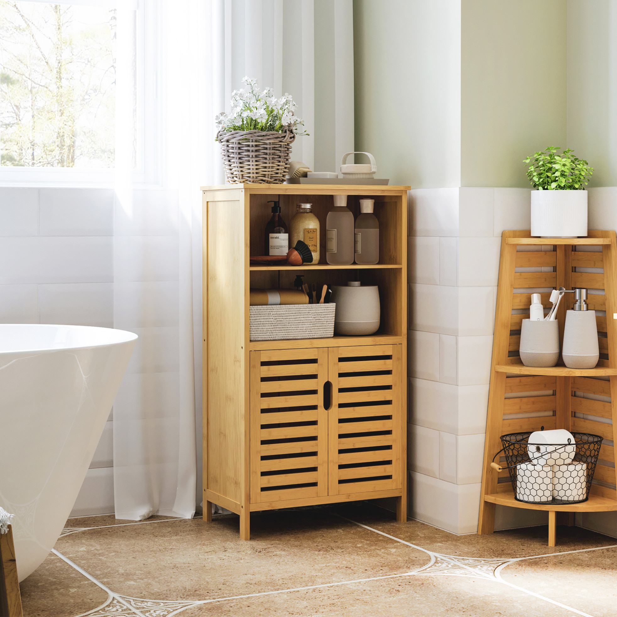 Badezimmerschrank 50x29x92 Cm Aus Natürlichem Bambus Mit Platzsparendem Stauraum – Meubliv