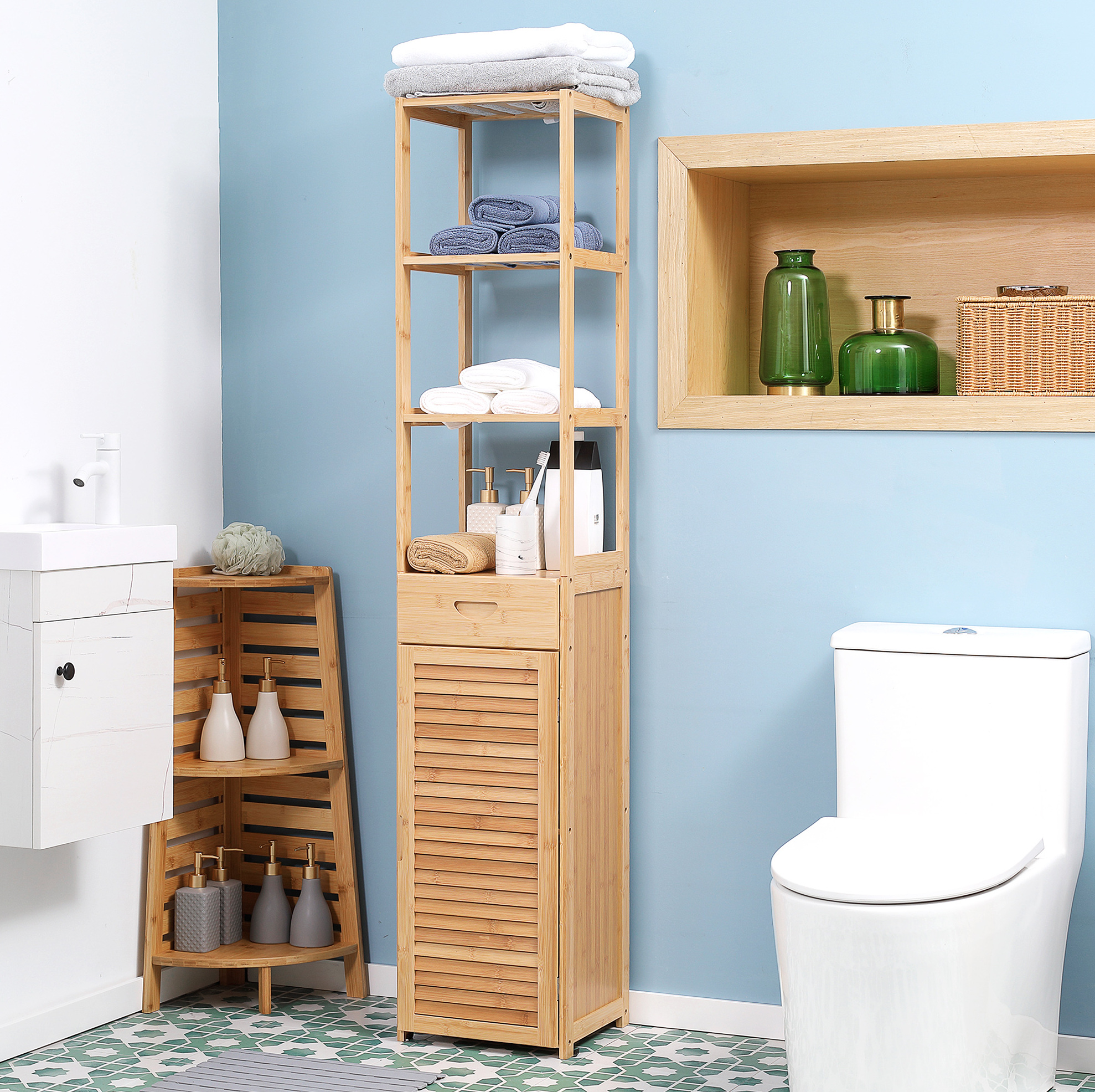Badezimmerschrank 32x30x163 Cm Aus Naturfarbenem Bambus Mit Schublade – Meubliv