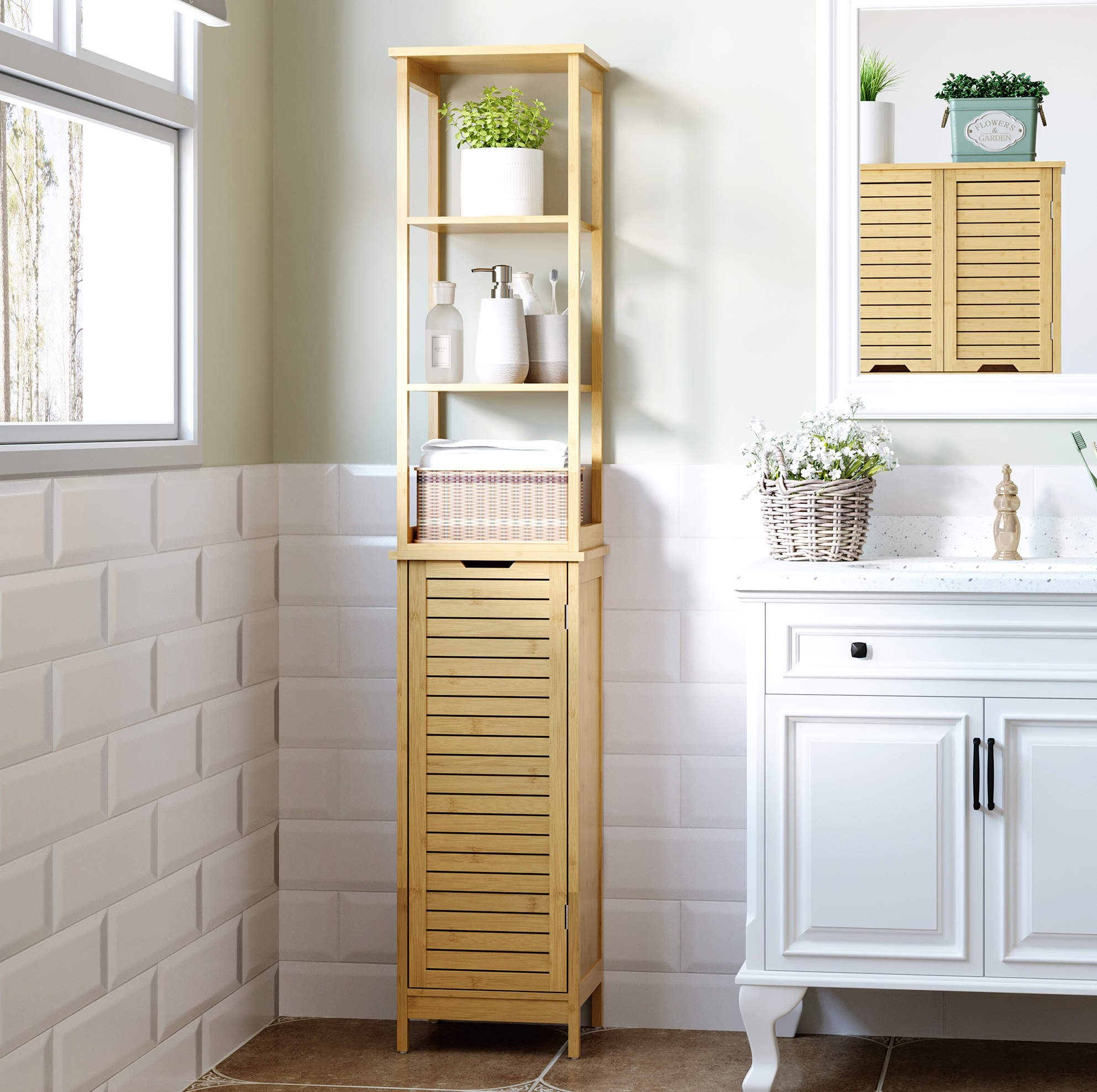 Badezimmerschrank 34x30x173 Cm Aus Natürlichem Bambus, Platzsparender Stauraum – Meubliv