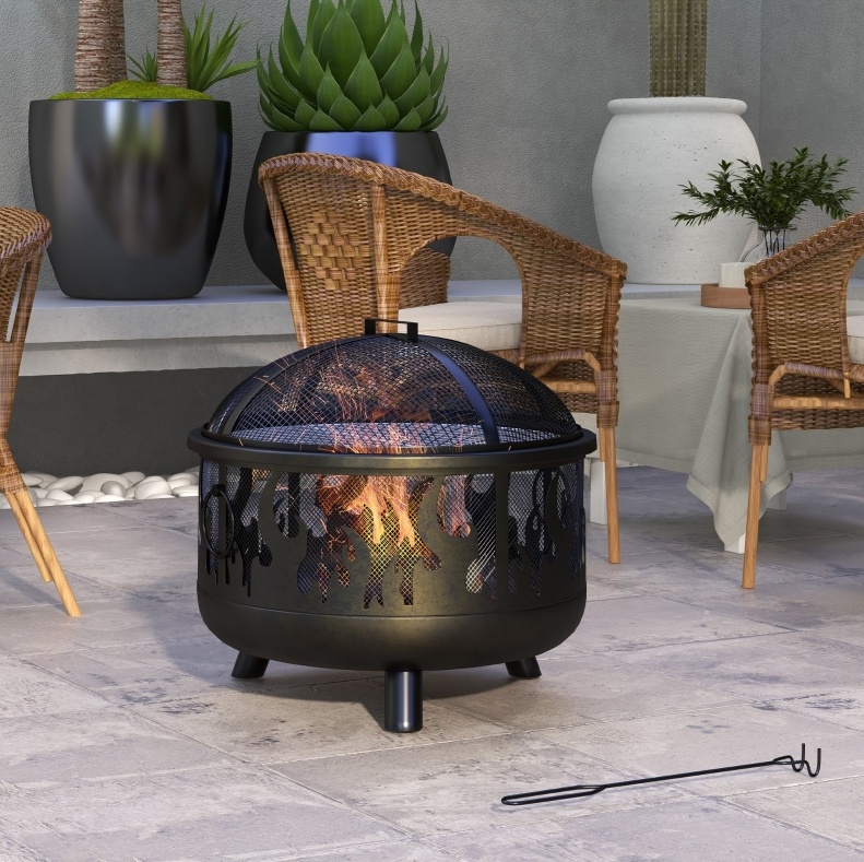 Feuerschale Ø61x55 Cm Aus Schwarzem Metall Mit Funkenschutz, Stabil – Meubliv