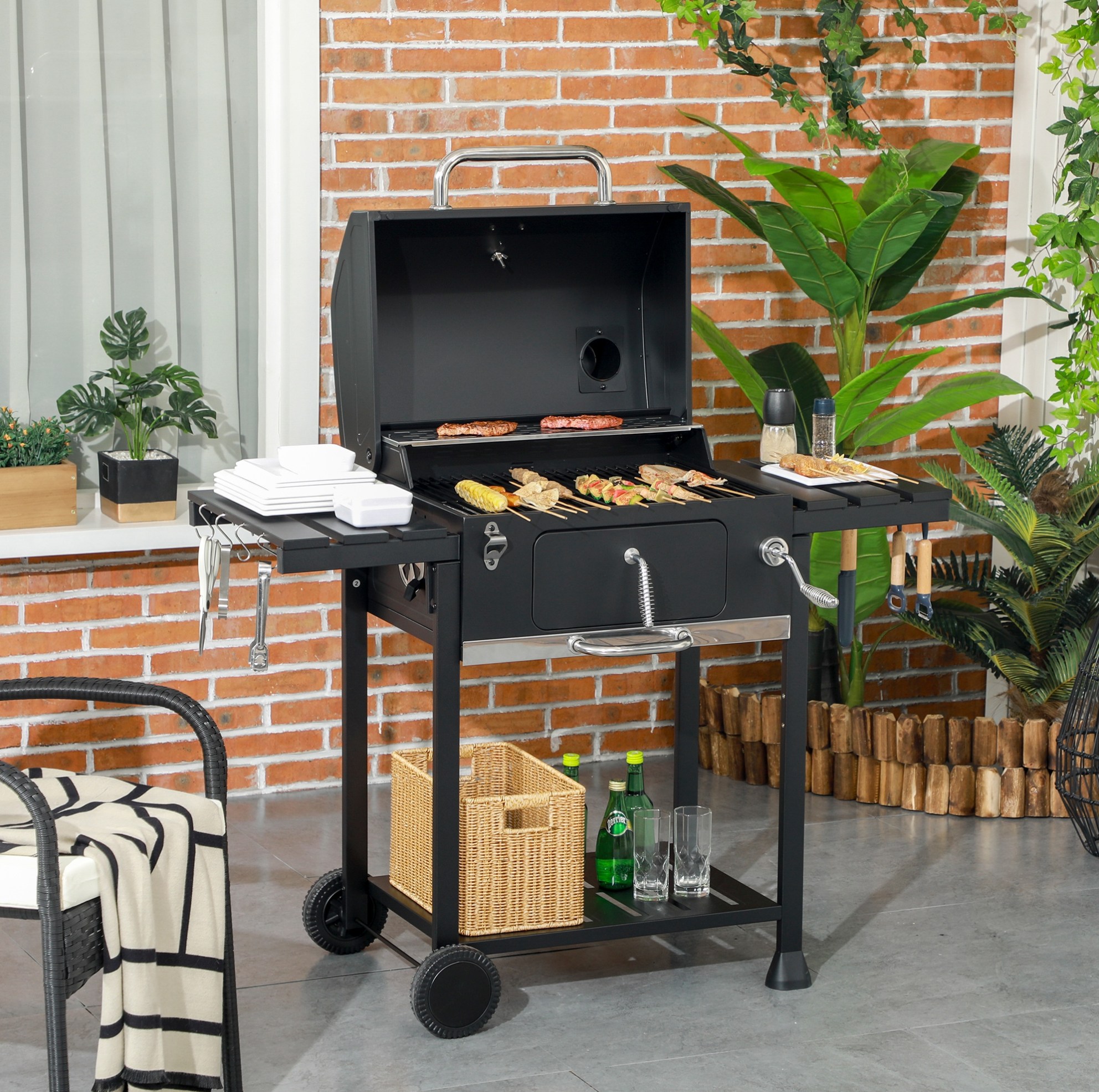 Holzkohlegrill Auf Wagen 120x64x114 Cm Aus Edelstahl, Schwarz – Meubliv
