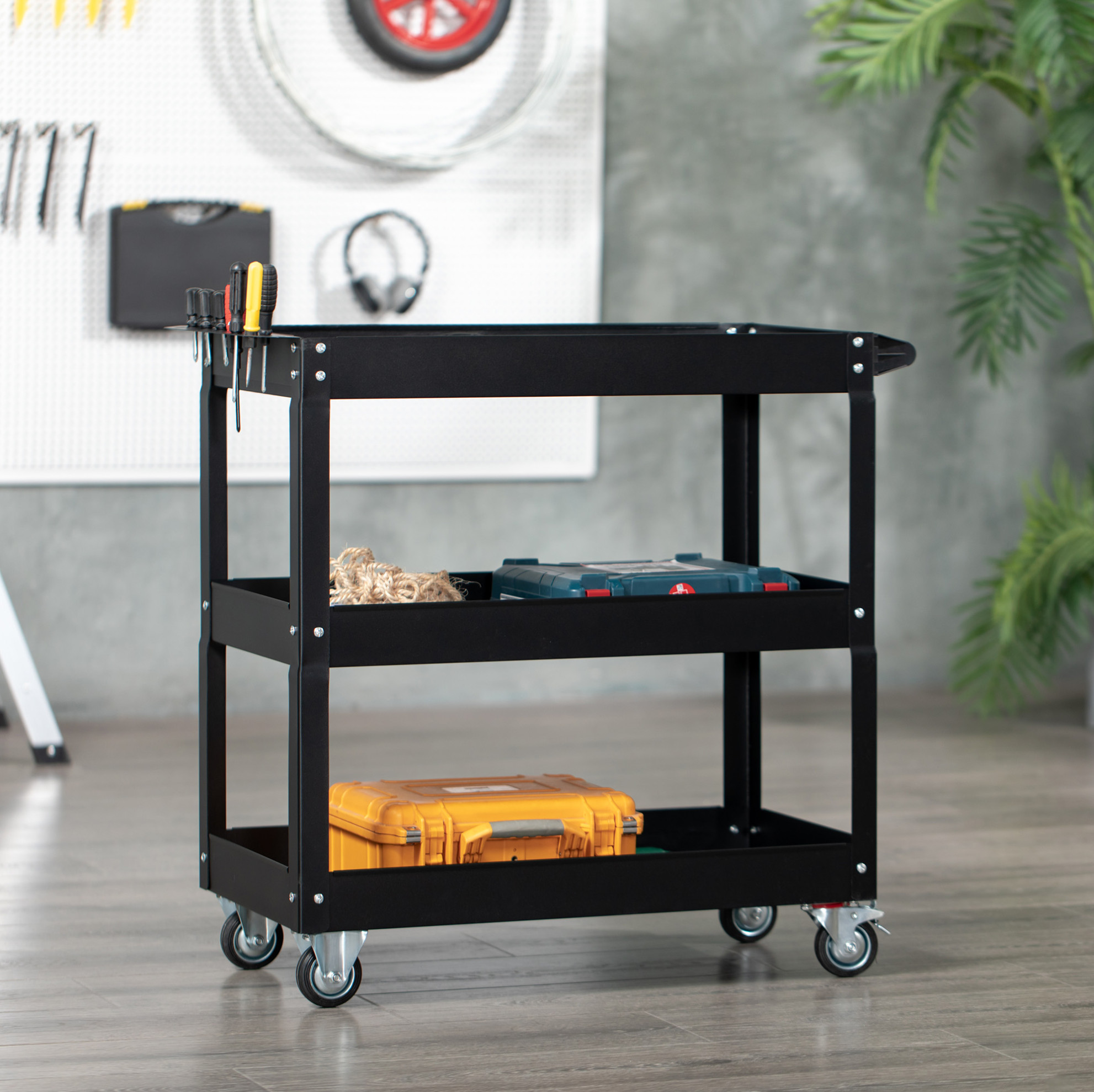 Werkstattwagen 83 X 35,3 X 76 Cm Aus Schwarzem Stahl, 3 Ebenen, Platzsparend – Meubliv