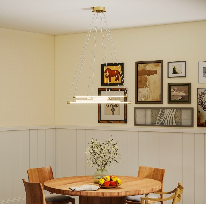 Led-pendelleuchte 82x82x124 Cm Aus Metall, Gold Und Weiß, 5 Verstellbare Arme